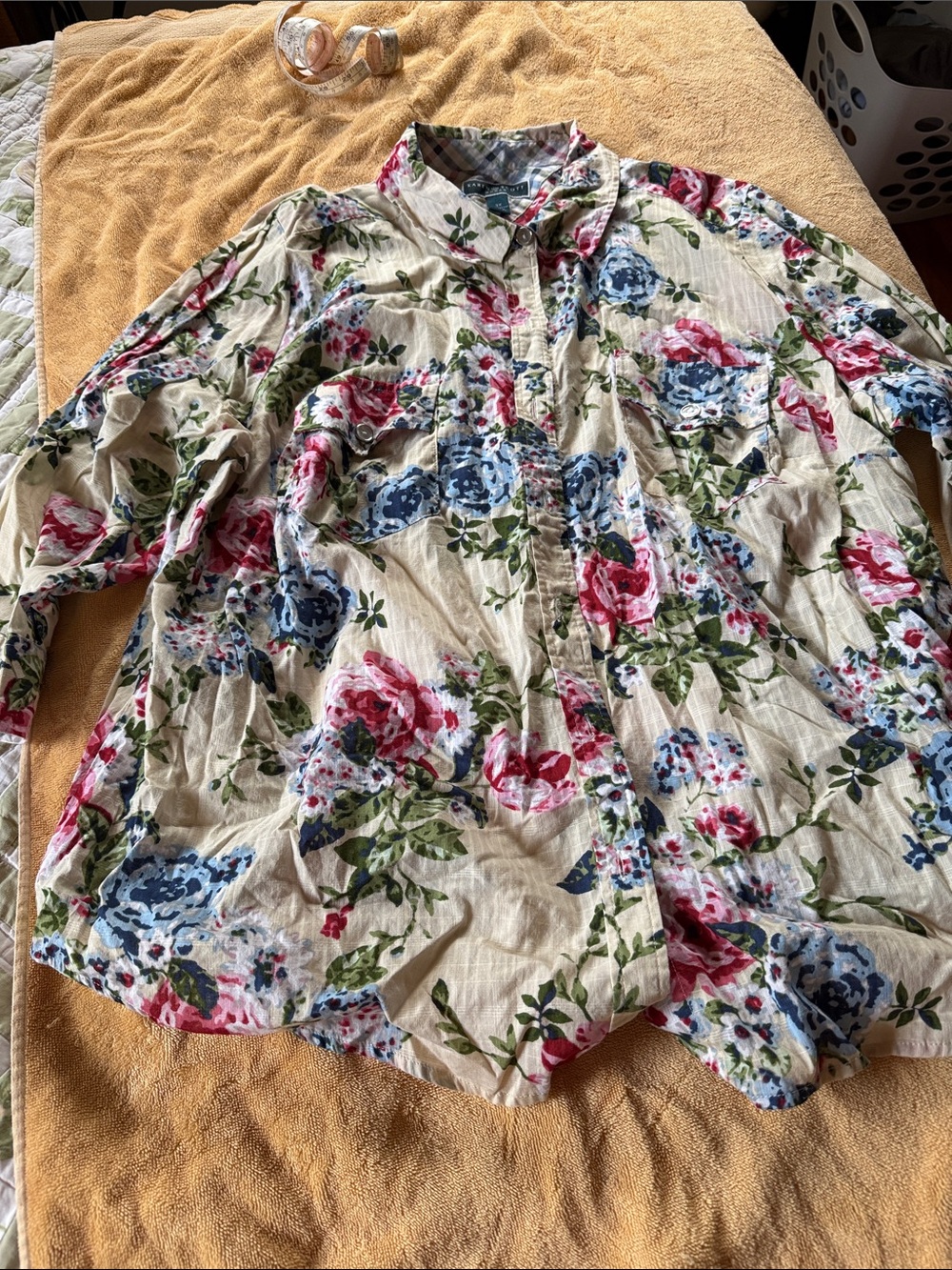 Karen Scott Cream Floral Button-Down Shirt with Pink & Blue Blooms